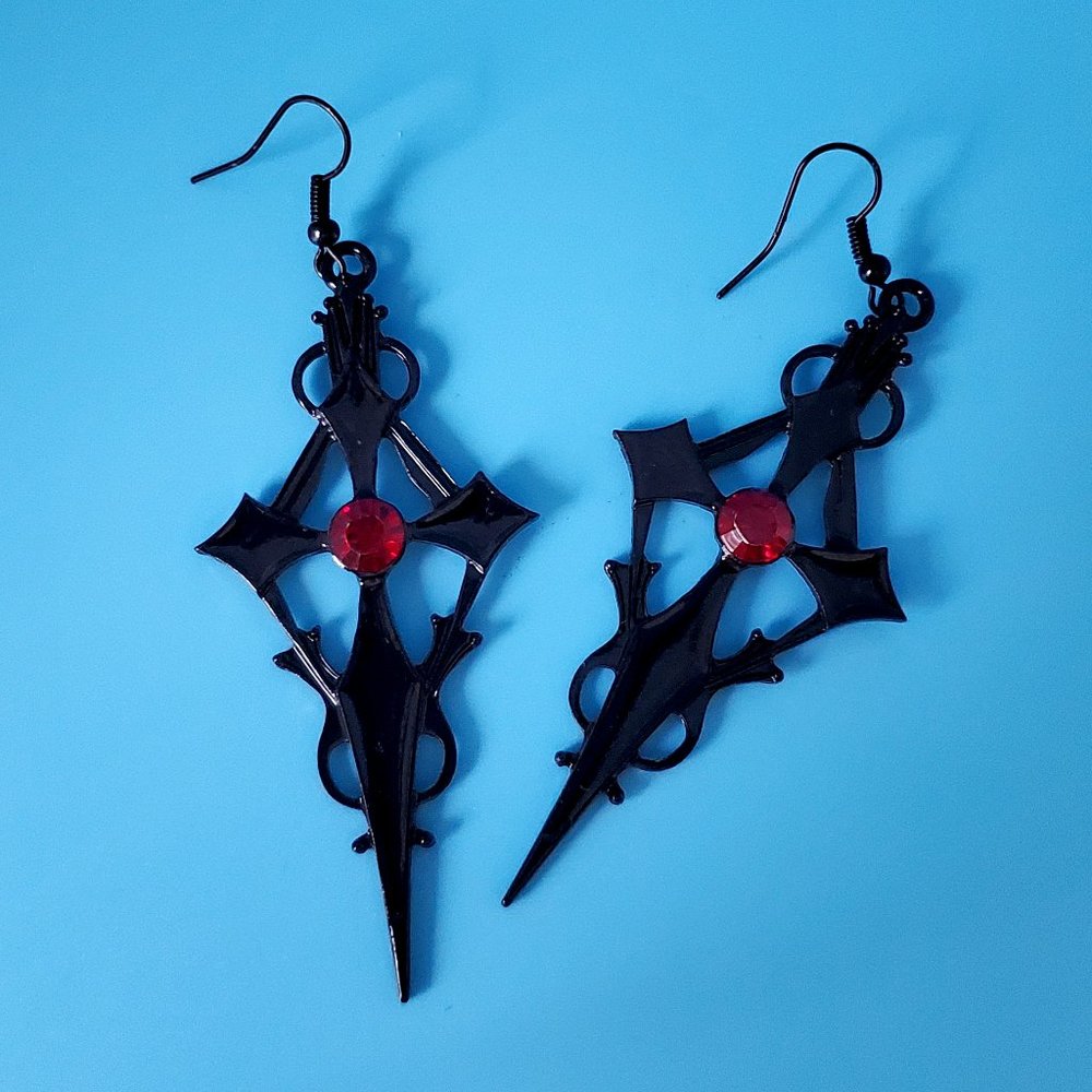 Gothic Vintage Cross Earrings - Black Metal with Red Crystal
